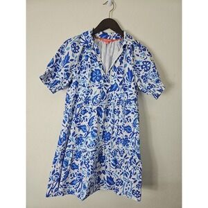 THML Women‎ Dress Size XS Blue Floral Cotton Puff Sleeves Tasseled Summer Brunch